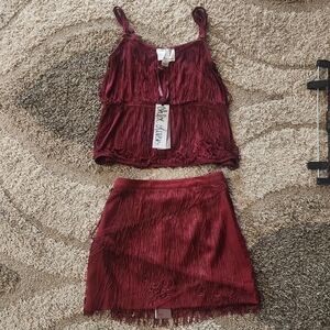 Chloe Oliver/ Anthropologie 2 Piece Burgundy Skirt And Top Small NEW Fringe